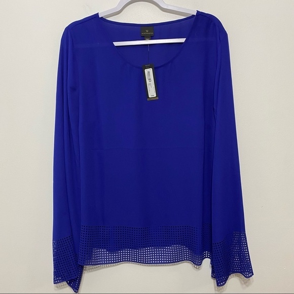 New! Worthington Semi Sheer Punched Cutout Raw Hem Blouse - Picture 1 of 7